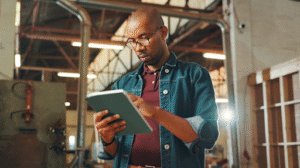 Homem utilizando tablet em seu local de trabalho