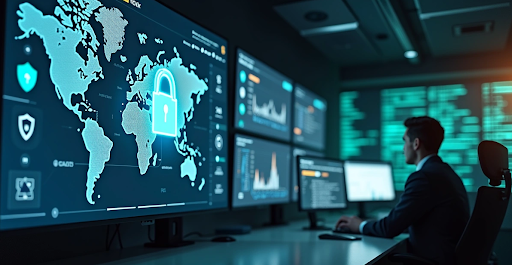 Computador com ícone de mapa e segurança