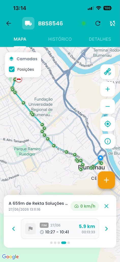 App Rekta de rastreamento com mapa, trajeto, histórico e detalhes do veículo