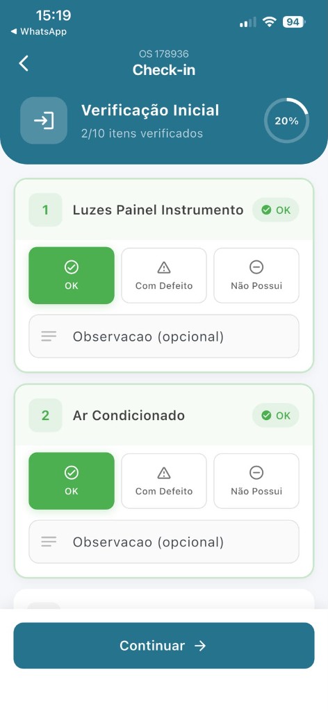 App do técnico Rekta com ordem de serviço, check-in, verificação inicial e checklist de execução em campo