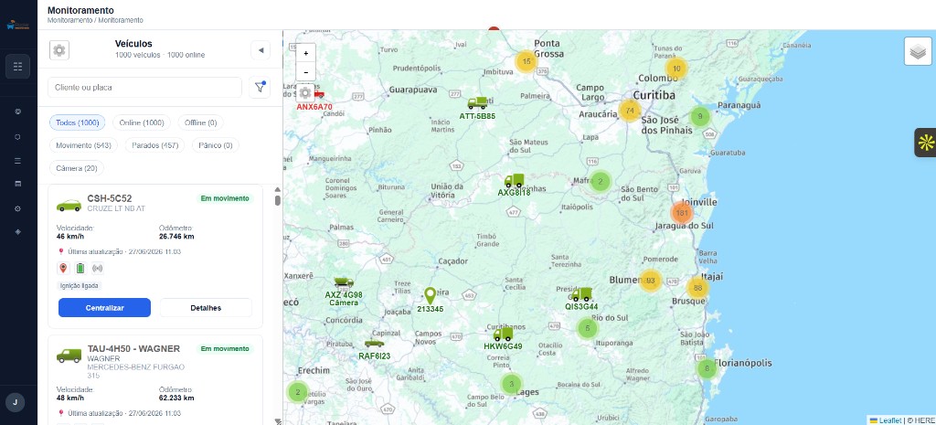 Painel Rekta de monitoramento com mapa, frota e telemetria em tempo real