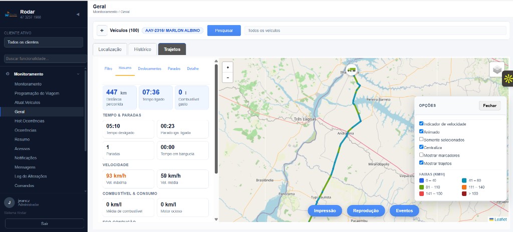 Plataforma Rekta com trajetos, mapa, telemetria de velocidade, combustível e resumo operacional