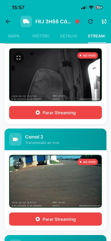 App Rekta com aba Streaming exibindo Canal 1 e Canal 2 em transmissão ao vivo com telemetria
