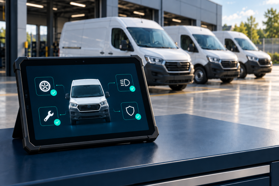 Checklist de Frota white label em tablet, com ícones de inspeção e veículos comerciais ao fundo
